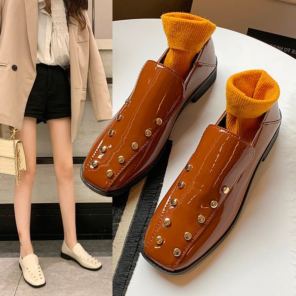 

womens loafers shoes all-match oxfords women's female footwear square toe rivets studs british style slip-on casual sneaker, Black