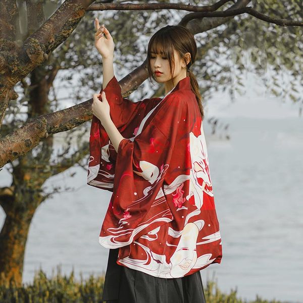 

2019 new japanese kimono traditional yukata women casual anime printing shirt clothes traditional kimonos men street wearcoat, Red