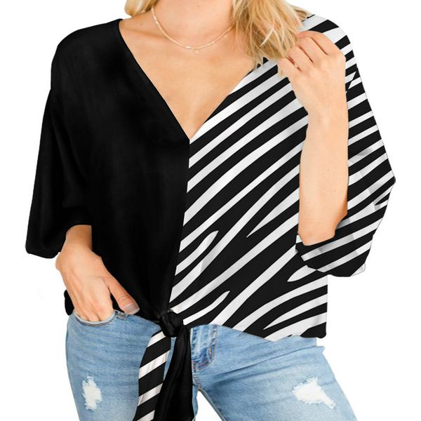 

summer v-neck knotted creamsicle bat sleeve floral wrap shirt blouse style summer v-neck pvdtu, White