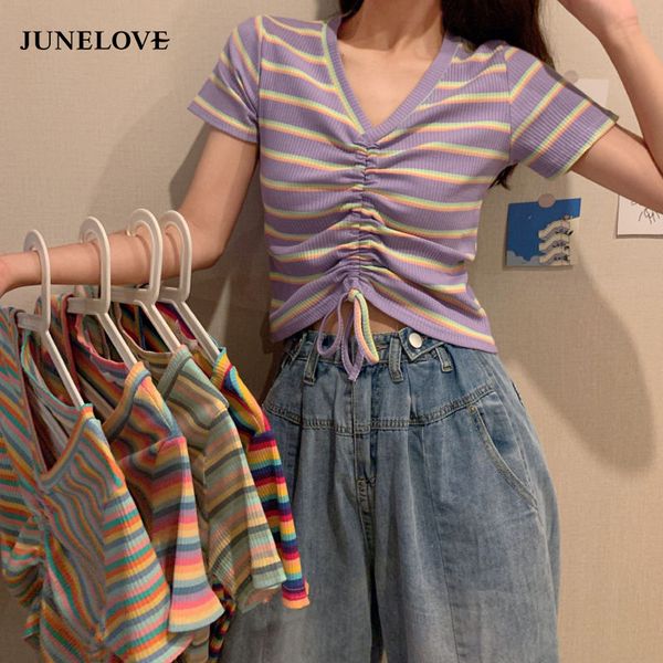 

women's blouses & shirts heydress summer street fashion rainbow striped tees cute v neck drawstring knitted casual blouse going out om, White