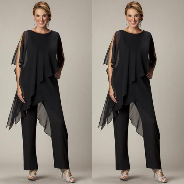 Pantaloni economici in due pezzi per la madre della sposa Mezza manica gioiello Plus Size Abiti da sera in chiffon nero Festa di nozze in spiaggia