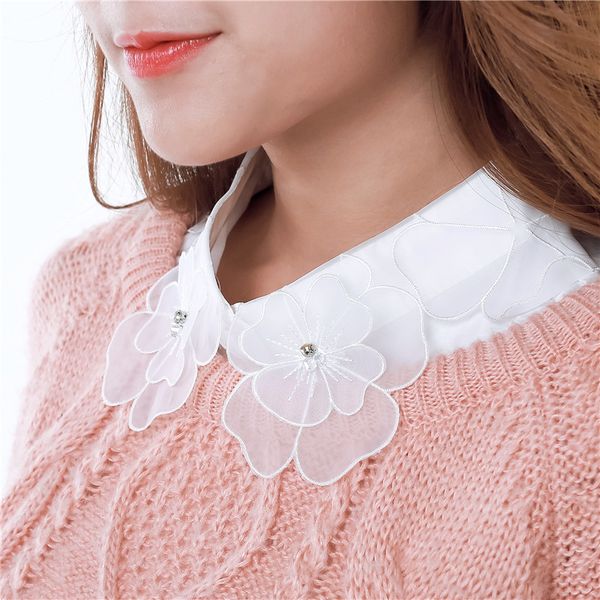 

women embroidery sweater shirt cotton chiffon fake collar new organza hollow out lace flower false detachable collar blouse, Black;blue