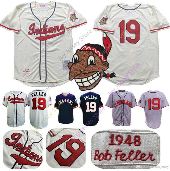 

Bob Feller Jersey 19 Indians 1948 Cooperstown Cleveland Baseball Jerseys Grey Cream White Home Away Men Women Kid Size M-3XL
