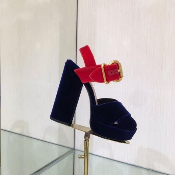 

new genuine leather velvet women high heel sandals buckle strap platform women thick heel pumps shoes women, Black