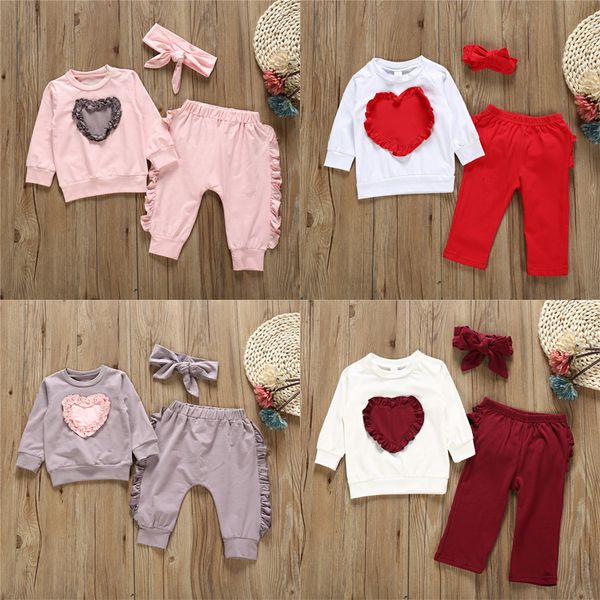 

4colors baby girl kids clothes set love long-heart sleeve solid trousers+bow headband 3pieces sets kids designer clothes girls dhl jy505, White