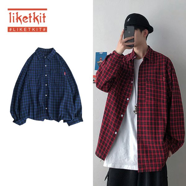 

liketkit men vintage plaid shirts 2020 new harajuku long sleeve korean fashion shirt male spring cotton oversized college shirts, White;black