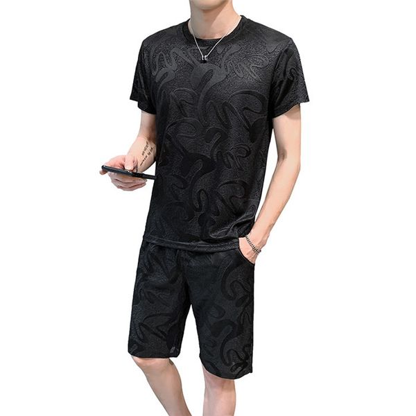 

plus size casual men sets summer print chinese style sports suit t shirts+shorts pant men's sportswear jogger slim fit tracksuit, Gray