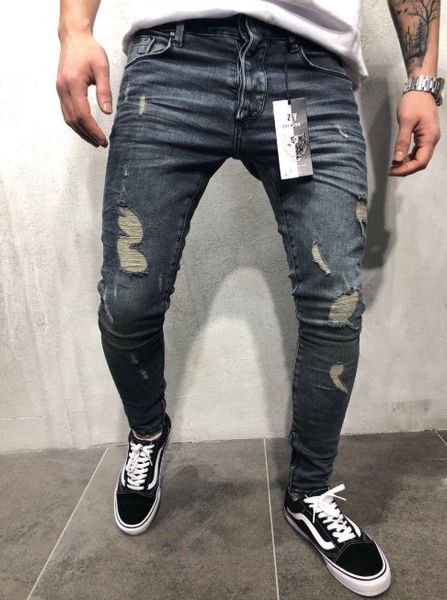 

2019 дизайнер мужские джинсы high street hip hop distrressed брюки тонкие ноги молнии джинсы цвет синий плюс размер 28-40 оптовой, Blue