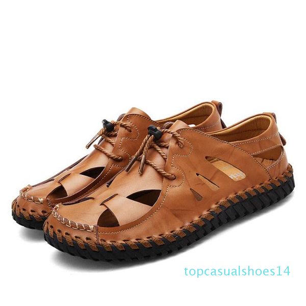 

men sandals summer soft bottom hole roman casual cow leather sandals male beach drvier loafer sandals t14, Black