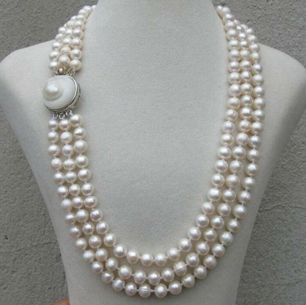 

triple strands 8-9mm south sea white pearl necklace 18"-20 inch, Silver