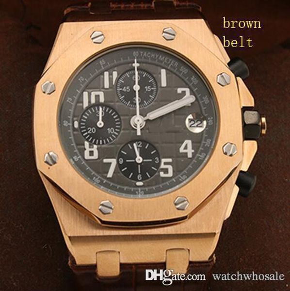 

royal offshore chronograph watch 42mm automatic mechanical rose gold case black dial rubber strap folding buckle quartz mens high wristwatch, Slivery;brown