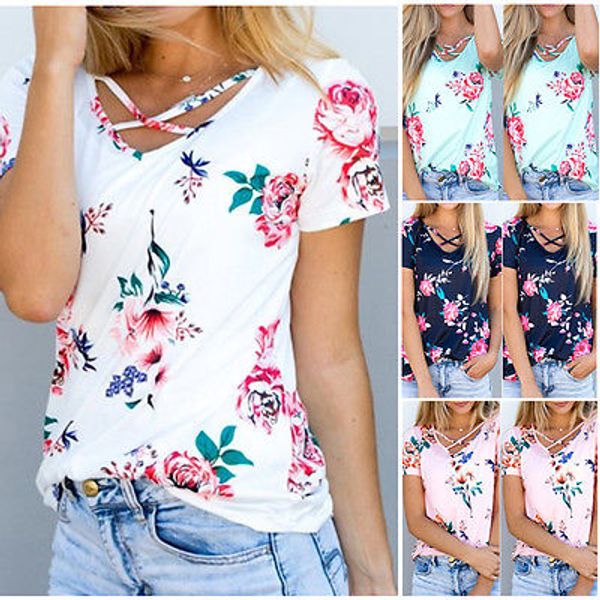 

womens floral printed blouse summer short sleeve ladies casual shirt ladies women flower blouses clothing, White