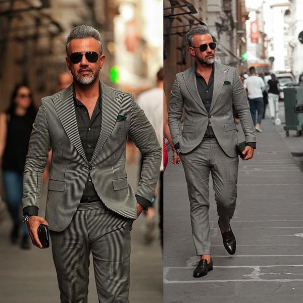 

classic black white stripe men tuxedos groom wedding suits slim fit one button peaked lapel mens suit 2 pieces coat pants (jacket+pants), Black;gray