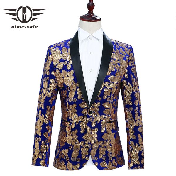 

plyesxale floral blazer men slim fit mens sequin jacket singer dj party stage blazers prom wear black royal blue red grey q286, White;black