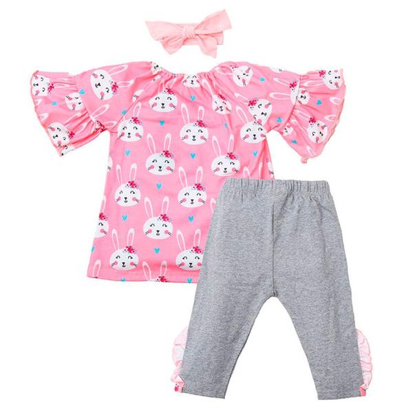 

kancoold explosion girls short sleeve flare sleeve print + button lace trousers + bow tie hairband three-piece, White