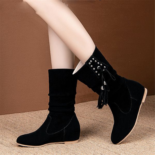 

new fashion plus size 30-52 rivet bowtie fringe height increasing shoes woman casual party autumn winter mid calf boots, Black
