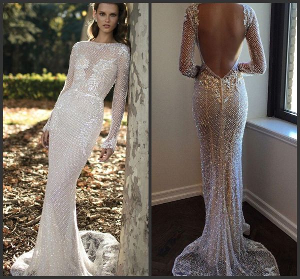 

new luxury berta bling wedding dresses sheath bateau neck long sleeve bridal gowns fishnet lace mermaid wedding dress crystals custom made, White