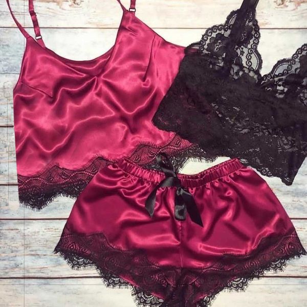 

3 pcs stylish women's sleepwear underwear lace stain camisole pajamas set sleepwear bowknot shorts lingerie set pijamas women, Black;red