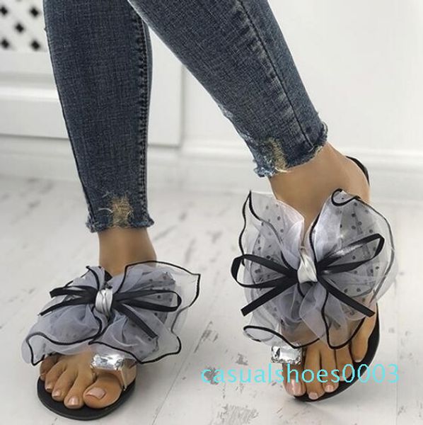 

sweet bow tie lace floral ladies flat slippers fashion crystal rhinestone girl slippers outdoor beach shoes plus size 35-42 c03, Black