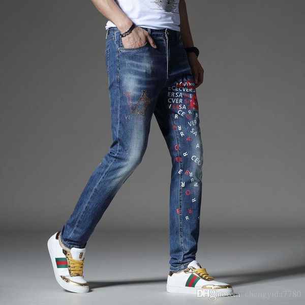 

джинсы синий 2020 синий хип хоп рыцарь синий хорошее качество джинсы мужские брюки карандаш морской цвет окрашенный узор маленькие брюки, Blue