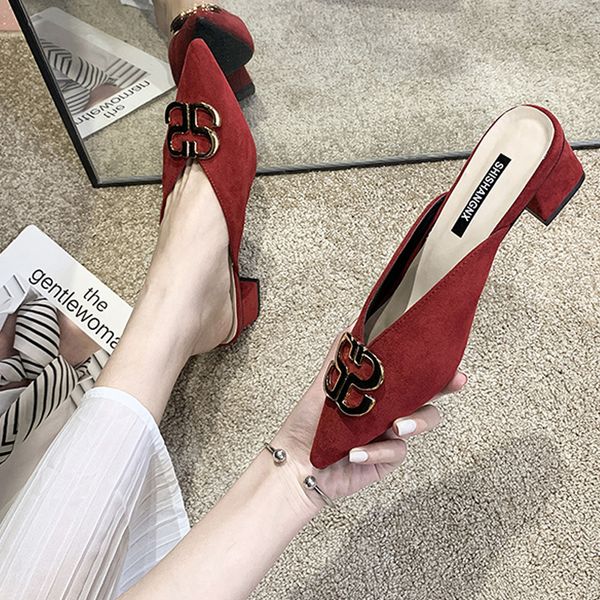 

muller slippers women's summer 2020 new thick heel sandals outside wear middle heel half slippers baotou women's shoes, Black