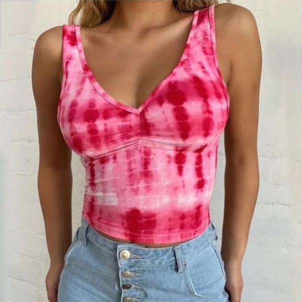 

new 2020 tie dye print summer tank women sleeveless fashion casual crop skinny slim basic female tanks mujer 2020, White