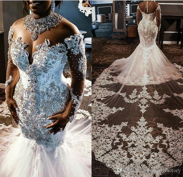 Luxury Plus Size African African Sirena Abiti da sposa gioiello collo Illusione maniche lunghe cristalli cristalli in pizzo appliques cattedrale treno abito da sposa