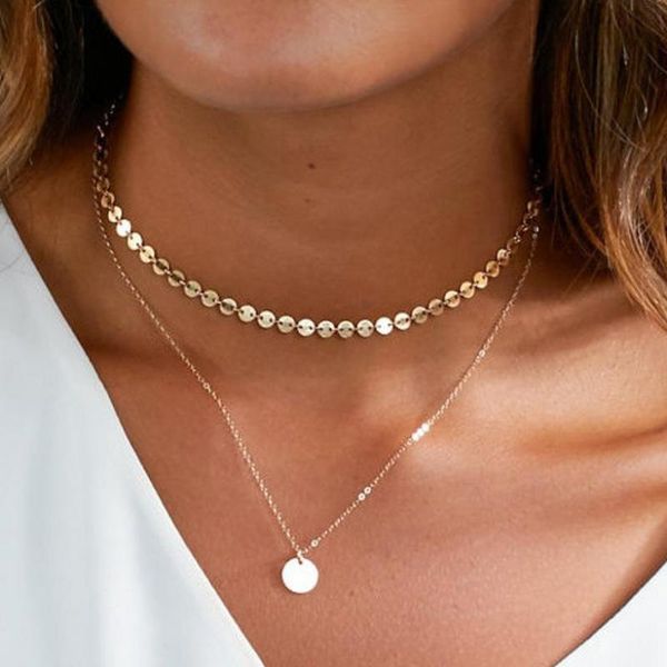 

gold coin layered necklace set for women dainty double chain choker necklace disc pendant charm statement necklaces gift, Golden;silver