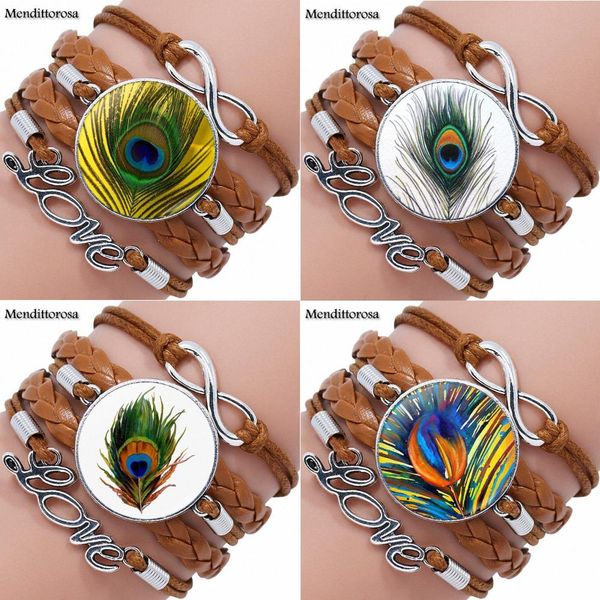 

for girls wholesale glass cabochon multilayer black/brown leather bracelet bangle time stone jewelry peacock feather, Golden;silver