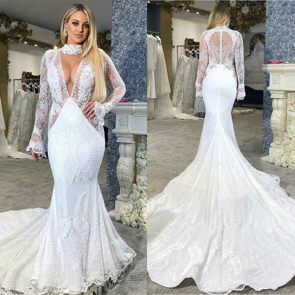

2020 wedding dresses high collar long sleeves lace appliques mermaid bridal gowns custom made zipper back sweep train wedding dress, White