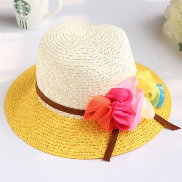 

wide brim sun hats kids straw hats classic floppy foldable girl soft straw summer beach sun hat outdoor sunhat with flower, Yellow
