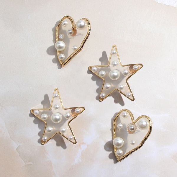 

flatfoosie fashion elegant pearl stud earrings for women transparent resin heart star 2019 statement earrings jewelry gfts, Golden;silver