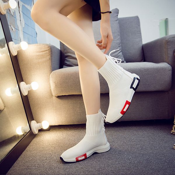 

2019 autumn winter new casual shoes women's boots flying woven sports shoes high to help flat socks trend wild white, Black