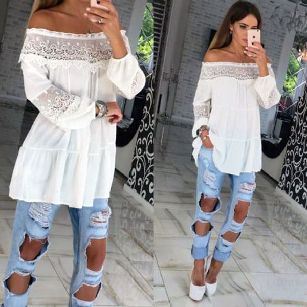 

arrivals fashion women girl off-shoulder long sleeve pullover casual loose shirt ins sale, White