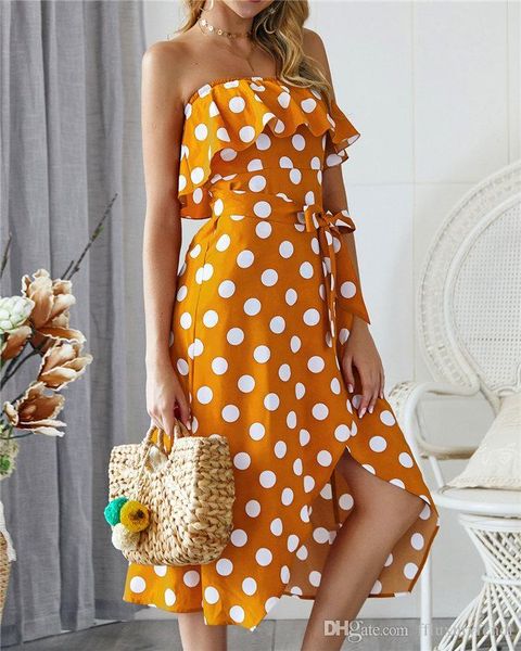

summer polka dot печати без бретелек платье lady пояса split сборки привет-ло платье партии falbala без бретелек классический платье, White;black