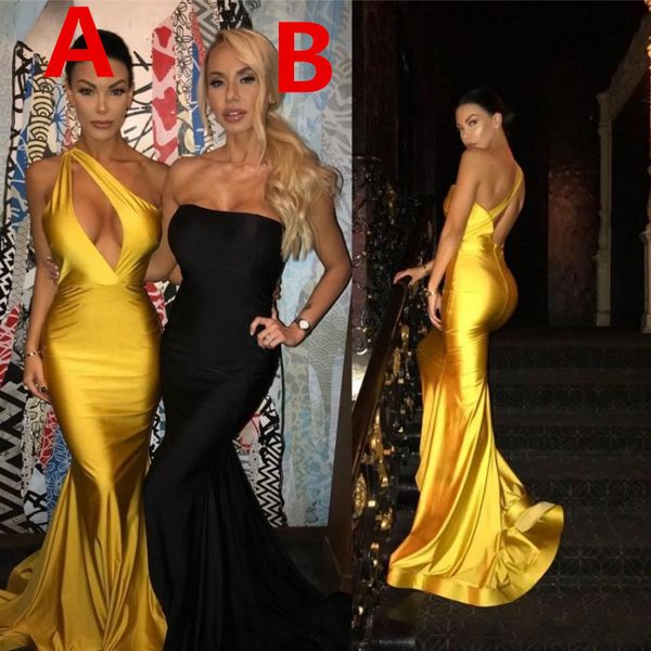 

yellow black prom dresses one shoulder deep v neck pleats formal evening dress for special occasion