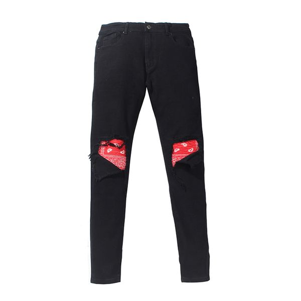 

men joggers patchwork plegie slim on men's jeans hip jeans street ripped high hop denim pants bandana fit black knee damdl