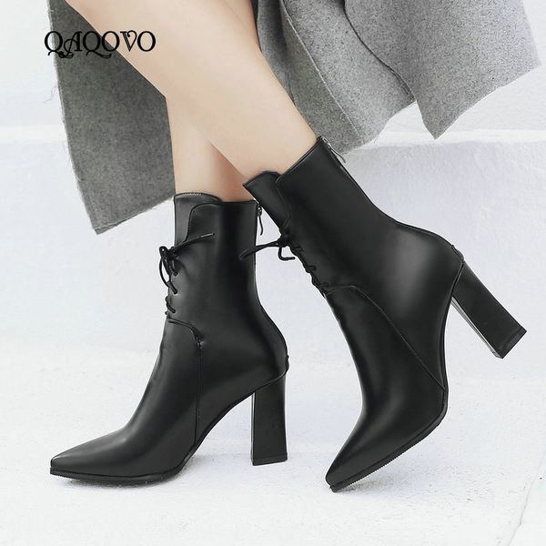 

white black red square high heel ankle boots spring autumn women shoes fashion lacing zipper boots pointed toe winter