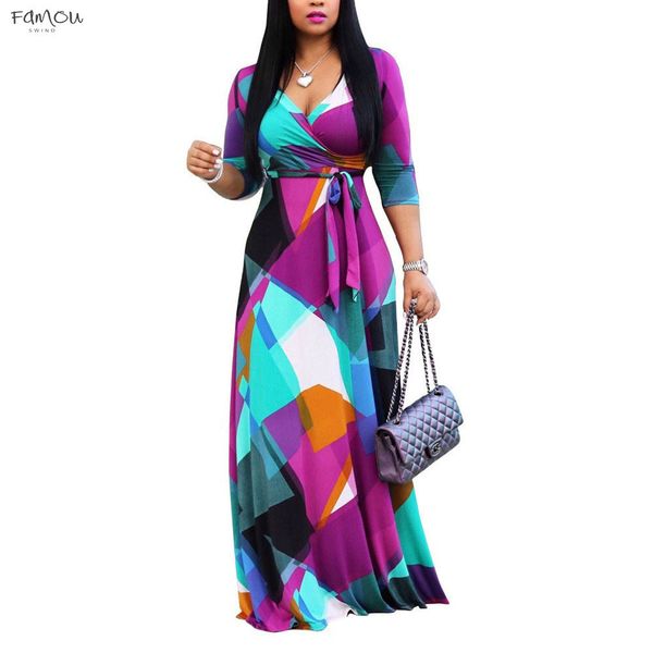 

Autumn Winter Long Dress V Neck Sleeve Geometric Printing Vintage Dress 5Xl Plus Size Wrap Half Dress