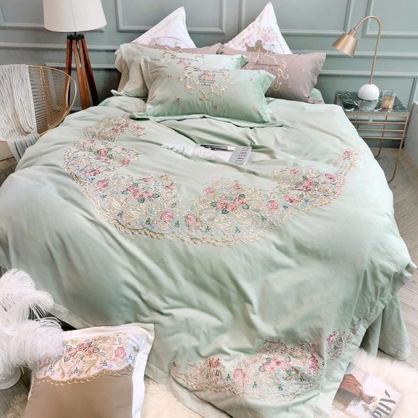 

bedding sets 34 flower embroidery egyptian cotton set green pink duvet cover bed sheet/linen pillowcases
