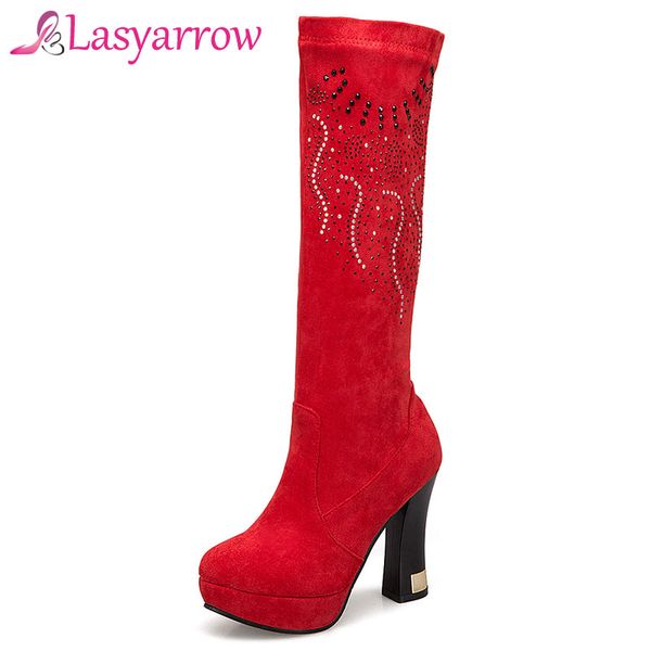 

lasyarrow women boots rhinestone stretch mid calf boot platform thick heels shoes woman high heel round toe boots red black