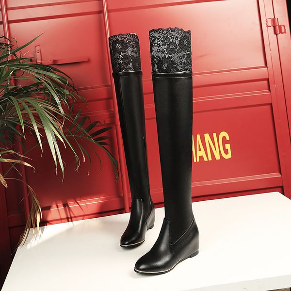 

size 33-43 female pu leather zips knee high boots ladies patchwork wedges shoes woman pointed toes boot women fashion dress shoe, Black