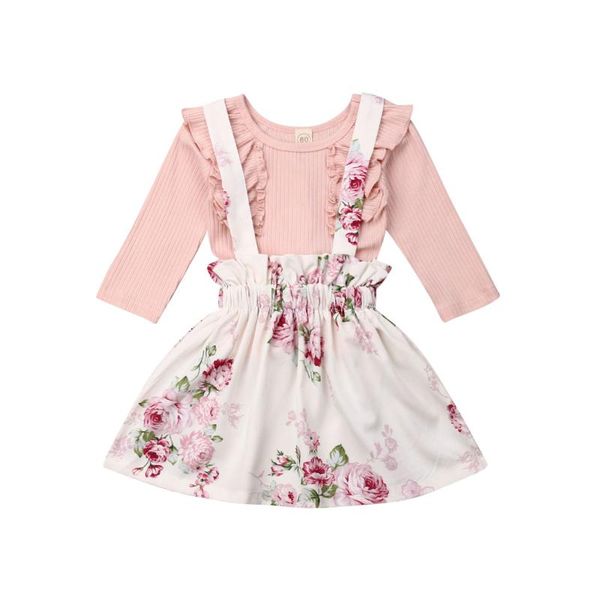 

2pcs toddler kid baby girls clothes sets pink ruffles sleeve t-shirt+floral suspender skirt outfit clothes, White