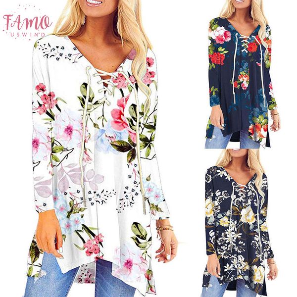 

womens floral v neck tunic long sleeve blouses long sleeve lace up with pocket flowy 2020 autumn winter women girls, White