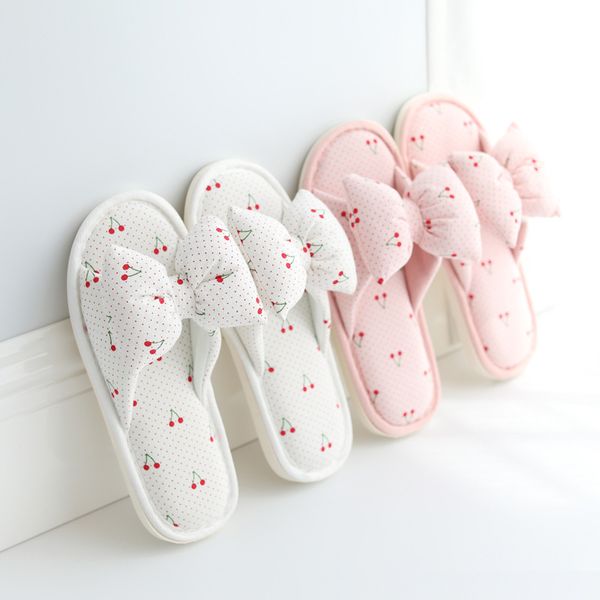 

women slippers autumn winter indoor floor shoes casual flats polka dot cherry bow-knot home slippers ladies flip flops, Black