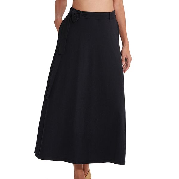 

cotton skirt knit skirt long breathable a line with sashes for all seasons m30190, Black
