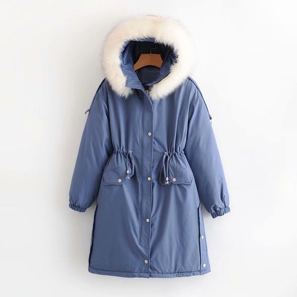 

korean-style women's wear 2019 winter new style mid-length fur collar drawstring hooded cotton overcoat women's, Blue;black