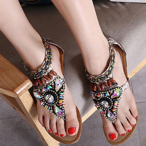 

womens bohemia sandals breathable summer shoes for ladies beach sandals string bead flats shoes flip flops open-toed rome, Black