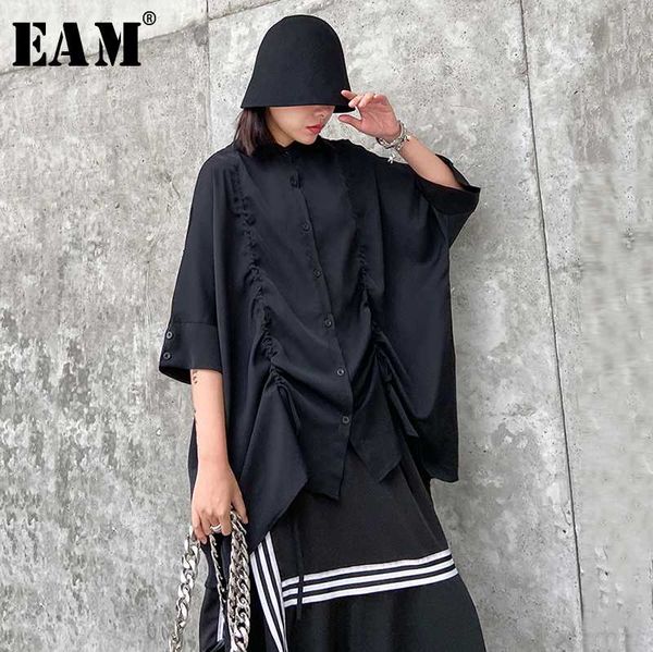 

eam] women drawstring big size blouse new stand collar three-quarter sleeve loose fit shirt fashion spring summer 2020 1t764, White