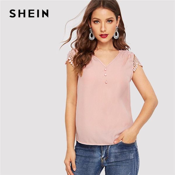

shein pink half placket contrast lace cap sleeve button plain blouse women office lady 2019 spring summer v neck blouses, White